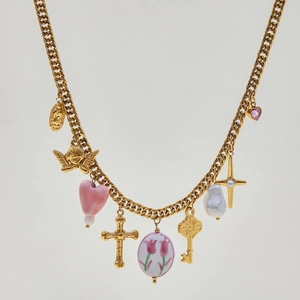 18K gold plated stainless steel necklace with baroque pearls and religious charms