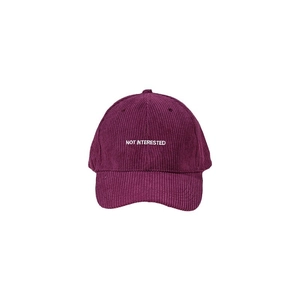 Dark purple corduroy baseball cap with white NOT INTERESTED embroidery on the front