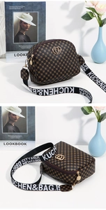 Close-up of shell-shaped crossbody bag featuring vintage monogram print and golden heart lock