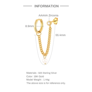 Detailed view of S925 silver ear cuff with gold plating, pearl and tassel chain