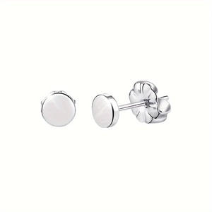 Polished stainless steel round flat stud earrings with butterfly backs on white background