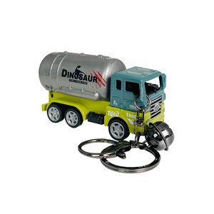 Dinosaur theme fuel tank truck keychain with metal bell and silver ring on white background