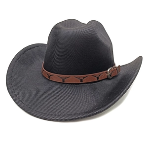 Detail of black western cowboy hat featuring a brown leather band with bull skull pattern