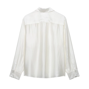 Back view of white satin long sleeve shirt with premium silk texture and draped pleats