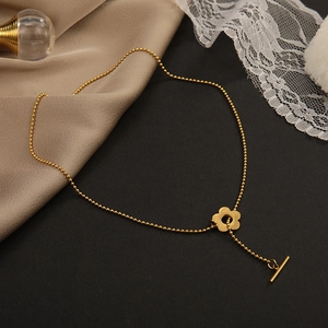 Gold flower pendant titanium steel necklace with OT toggle clasp on a bead chain