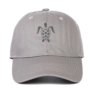 Close-up of the detailed turtle embroidery on this casual grey cotton baseball cap