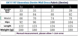 Tableau des tailles pour robe midi en jean sans manches avec mesures détaillées