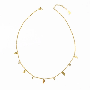 Gold stainless steel leaf necklace with round zircon heart pendants on white background