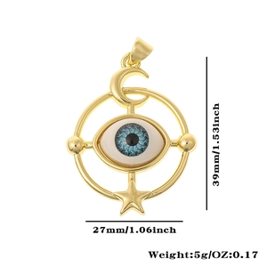 Detail view of gold moon and star pendant with blue evil eye zircon and product dimensions