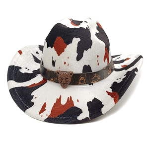 Western cowboy hat with cow print pattern and leopard head metal buckle on brown band