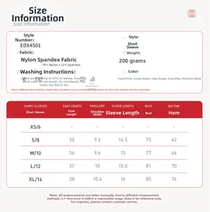 Detailed size chart for short sleeve yoga top with nylon spandex fabric and color options