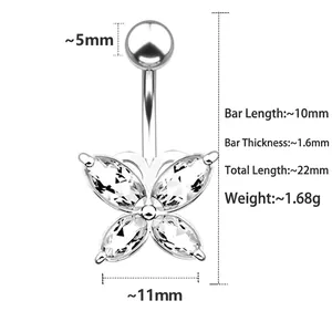 Silver butterfly belly button ring with marquise cut zircon and detailed product dimensions