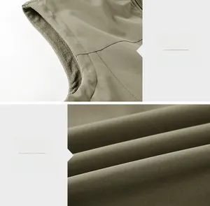 Makroansicht der olivgrünen taktischen Weste mit verstärkten Nähten und Fleece-Details