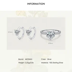 925 sterling silver heart-shaped jewelry set with crystal ring and huggie earrings