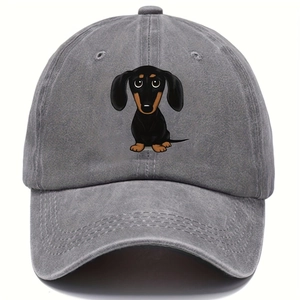 Vintage dark gray washed cotton baseball cap with cute dachshund puppy print embroidery