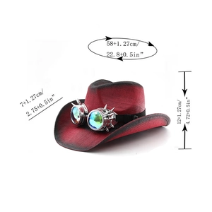 Steampunk western cowboy hat size guide with goggles, brim width and height dimensions