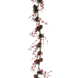 Christmas garland with green pine needles, red berries and pine cones on white background
