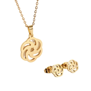 Elegant gold hollow swirl flower jewelry set with pendant necklace and stud earrings