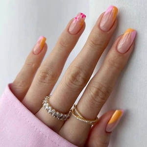 Press On Nails ABS Square Round Orange Pink Color Block Floral Patterns Glossy False Nails For Women Fashion