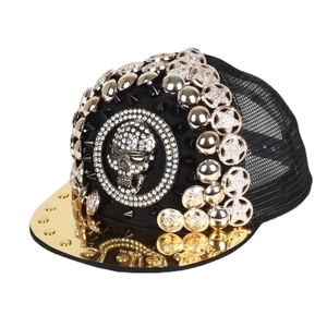 Punk Baseball Cap Rhinestone Skull Gold Mirror Brim Metal Rivet Mesh Back Adjustable Rock Hip Hop Hat For Men Women