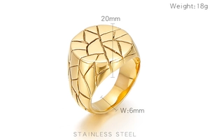 Detail of golden stainless steel signet ring with irregular grid texture and 20mm diameter