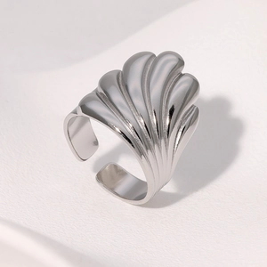 Adjustable silver shell texture stainless steel ring in a minimalist geometric style