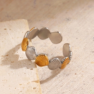 Two-tone stainless steel shell ring with 18K gold plating on a textured stone base