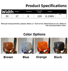 Quilted crossbody bag dimensions 22x17x6cm shown in brown blue orange and black