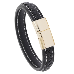 Minimalist black braided leather bracelet for couples with golden magnetic metal clasp