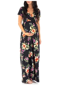 Close-up of floral print maternity maxi dress featuring high waist and cross V-neck detail