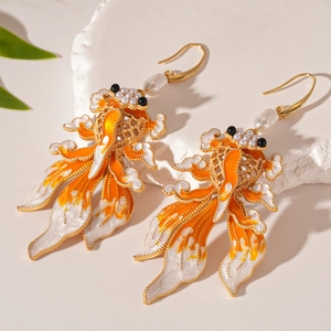 Koi Fish Goldfish Dangle Earrings With Copper Enamel And Imitation Artificial Pearl New Chinese Style Vintage Oriental Jewelry For Women