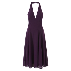 Elegant purple halter neck deep V-neck sleeveless chiffon maxi dress with flared hem