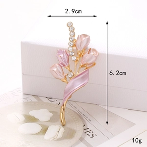 Pink tulip enamel brooch with sparkling rhinestones and gold-plated finish, 6.2cm height