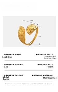 Detailed size specifications and weight of the golden stainless steel leaf ring