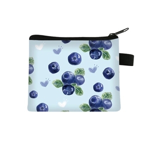 Cute blueberry print canvas coin purse with zipper closure and blue background