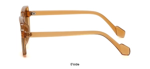 Side view of amber translucent oversized sunglasses showing frame hinge and temple detail