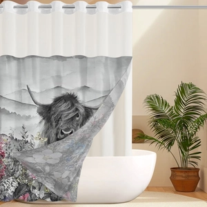 Detail of waffle fabric shower curtain with highland cow print and metal eyelets