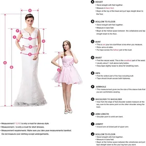 Detailed sizing guide showing measurements for bust, waist, and hips on a formal evening gown