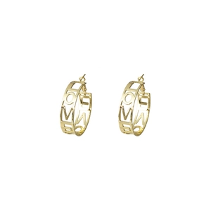 Detail shot of golden C-shaped hoop earrings featuring hollow LOVE letter cutouts