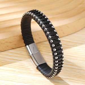 Handcrafted black microfibre woven bracelet with silver metal beads and polished clasp