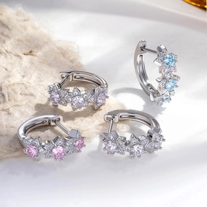 Star Hoop Earrings Copper Zircon Micro Pave Minimalist Colorful Star Shape Huggies Small Jewelry For Women