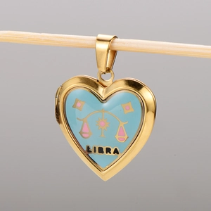 Golden heart Libra zodiac pendant with light blue enamel and openable locket feature
