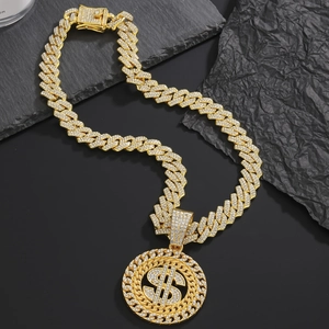 Collier hip-hop pour homme avec pendentif dollar doré et strass brillants sur chaîne cubaine