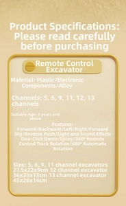 Detailed spec sheet of kids remote control excavator showing alloy parts and size details