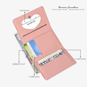 Pink trifold wallet interior with 5 card slots, 1 heart-shaped window, and a bill section