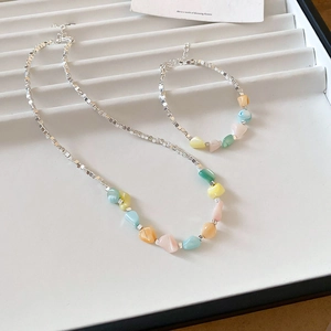 Candy-colored natural stone and silver square bead jewelry set with necklace and bracelet
