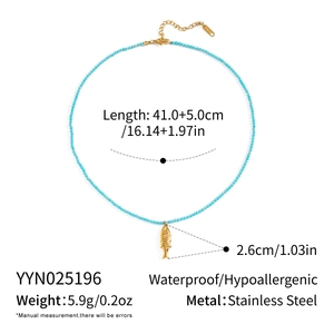 Detailed size chart for blue beaded necklace with golden fish pendant and measurements