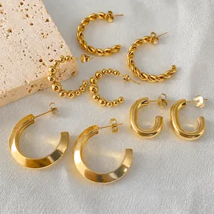 18k gold plated stainless steel C-shaped hoop earrings set with twisted and beaded designs