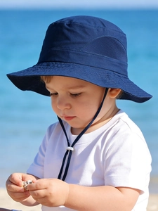 Detail of dark blue kids sun hat featuring breathable mesh panels and adjustable chin strap