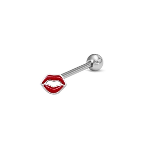 Gros plan d'un piercing de langue argenté avec un motif de lèvres en émail rouge